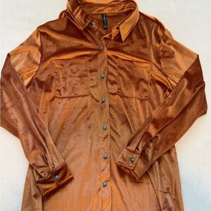 Rust Velvet Turquoise Pearl Snap Button-Up Shirt Jacket